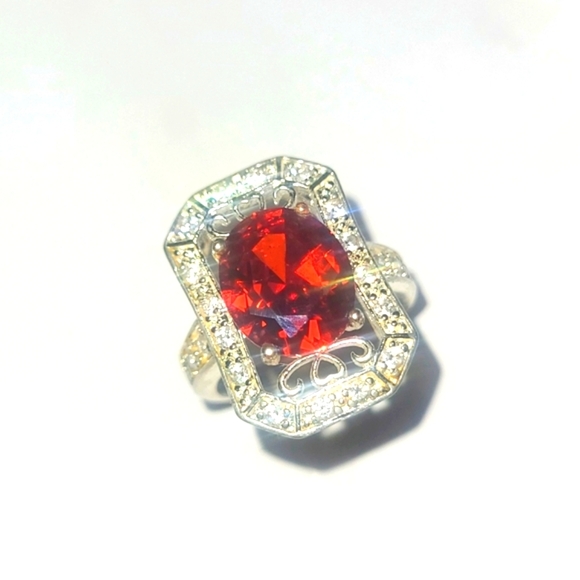 Ring Sterling Silver 5ct Oval Garnet pave rectangle halo Vintage sz 8 - Picture 1 of 7